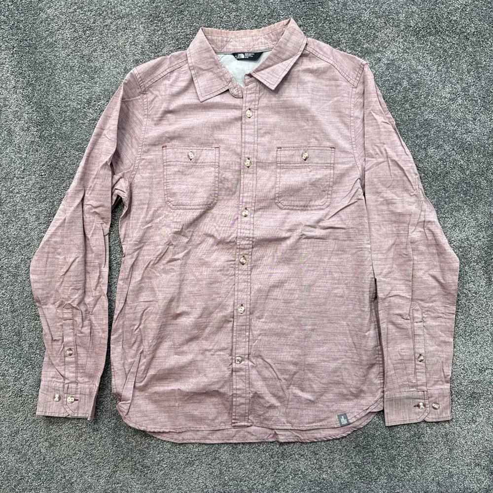 Mens M North Face Button Down Shirt Double Pocket Long Sleeve Collar red